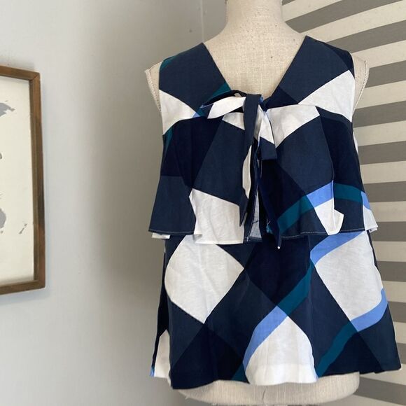 Ann Taylor Blue & White Plaid Ruffle Tie-Back Sleeveless Blouse Size Small NEW - Picture 5 of 10
